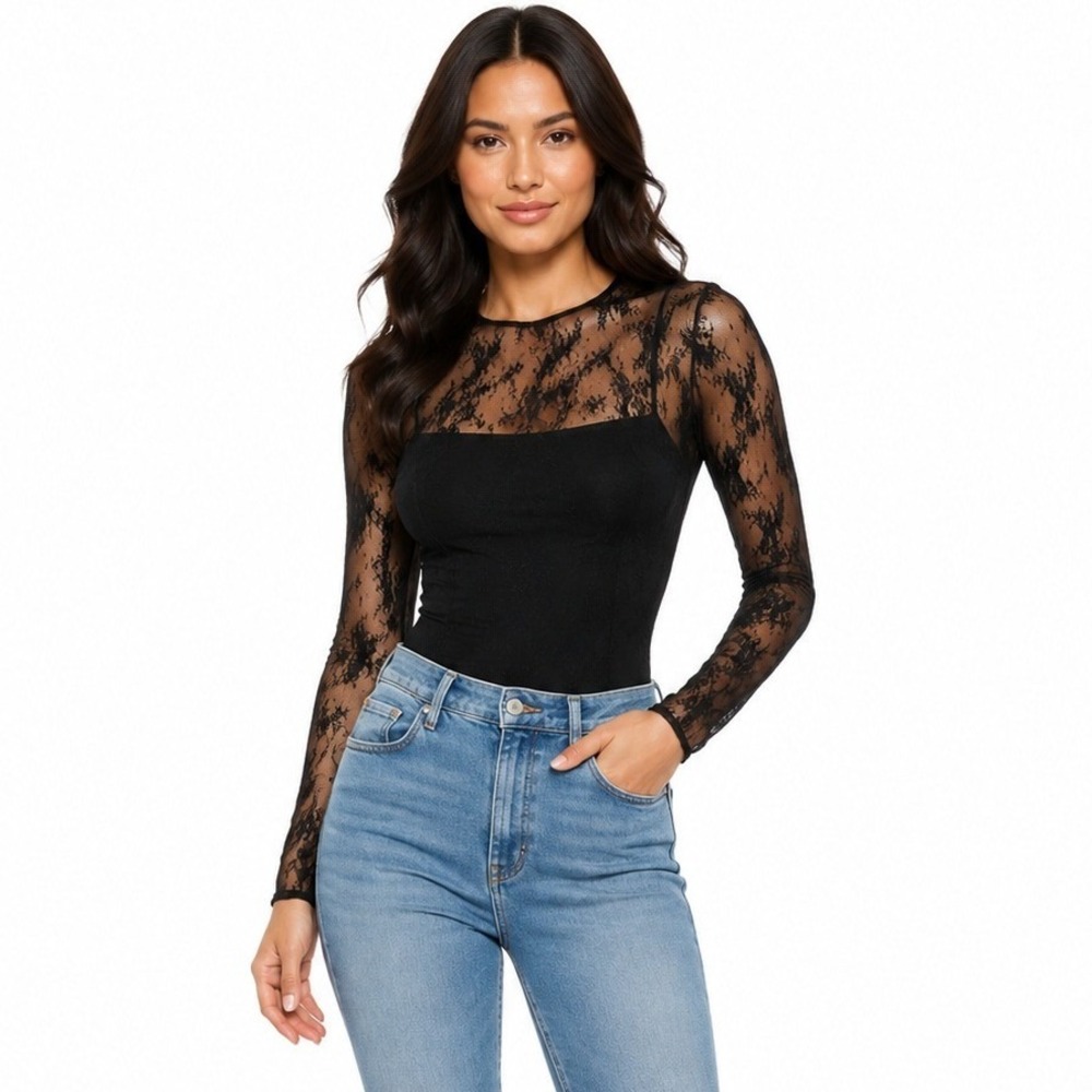 *NWT* Lace Bodice Bodysuit Women Size XL Black Sheer Sleeve‎ Boho Classic